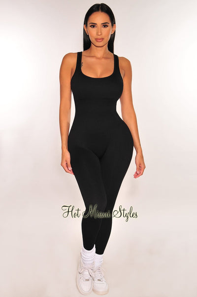 HMS Fit: Black Seamless Ribbed Tank Padded Snatched Jumpsuit - Hot Miami Styles
