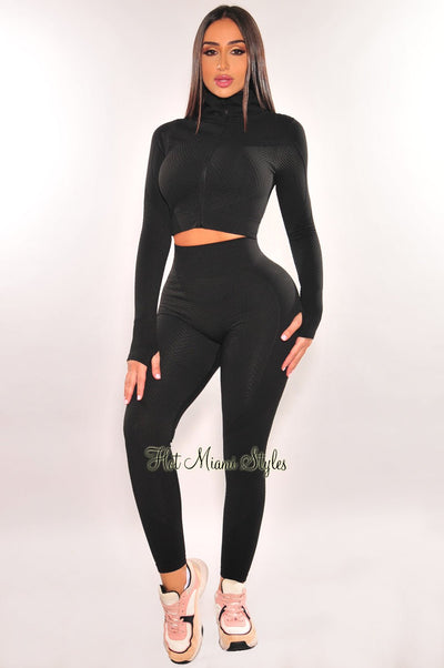 HMS Fit: Black Textured Long Sleeve Jacket Leggings Two Piece Set - Hot Miami Styles