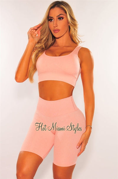 HMS Fit: Blush Ribbed Seamless Padded Butt Lifting Biker Shorts Two Piece Set - Hot Miami Styles