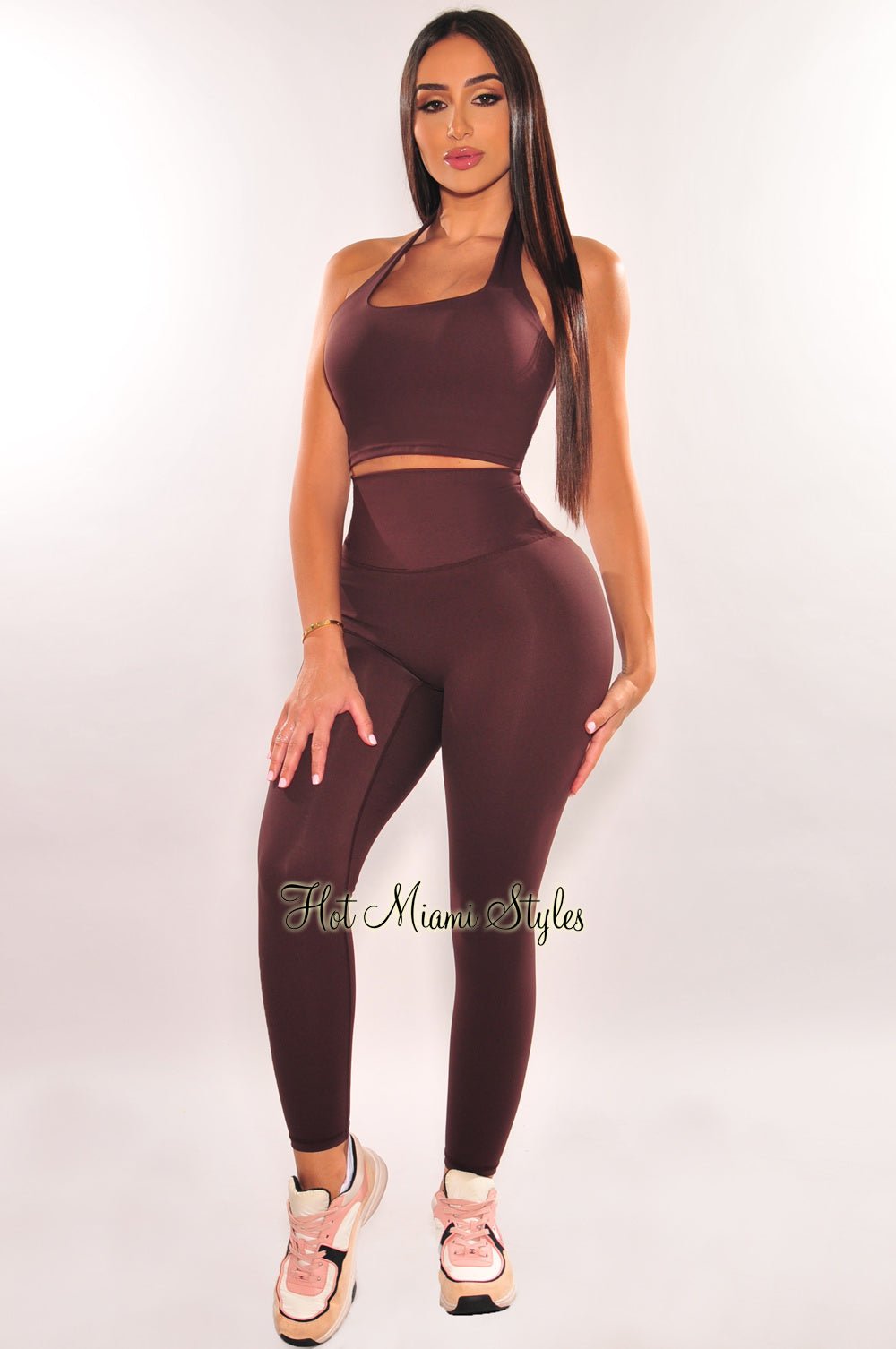 HMS Fit: Chocolate Halter Padded Leggings Two Piece Set