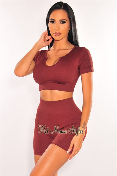 HMS Fit: Chocolate Ribbed Short Sleeve Biker Short Two Piece Set - Hot Miami Styles