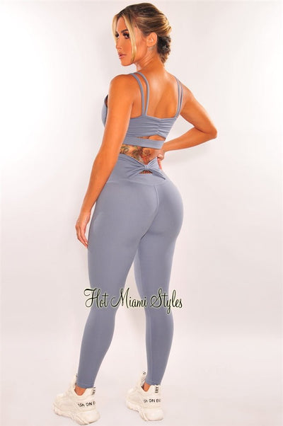 HMS Fit: Dusty Blue Padded Knotted High Waist Butt Lifting Leggings Two Piece Set - Hot Miami Styles