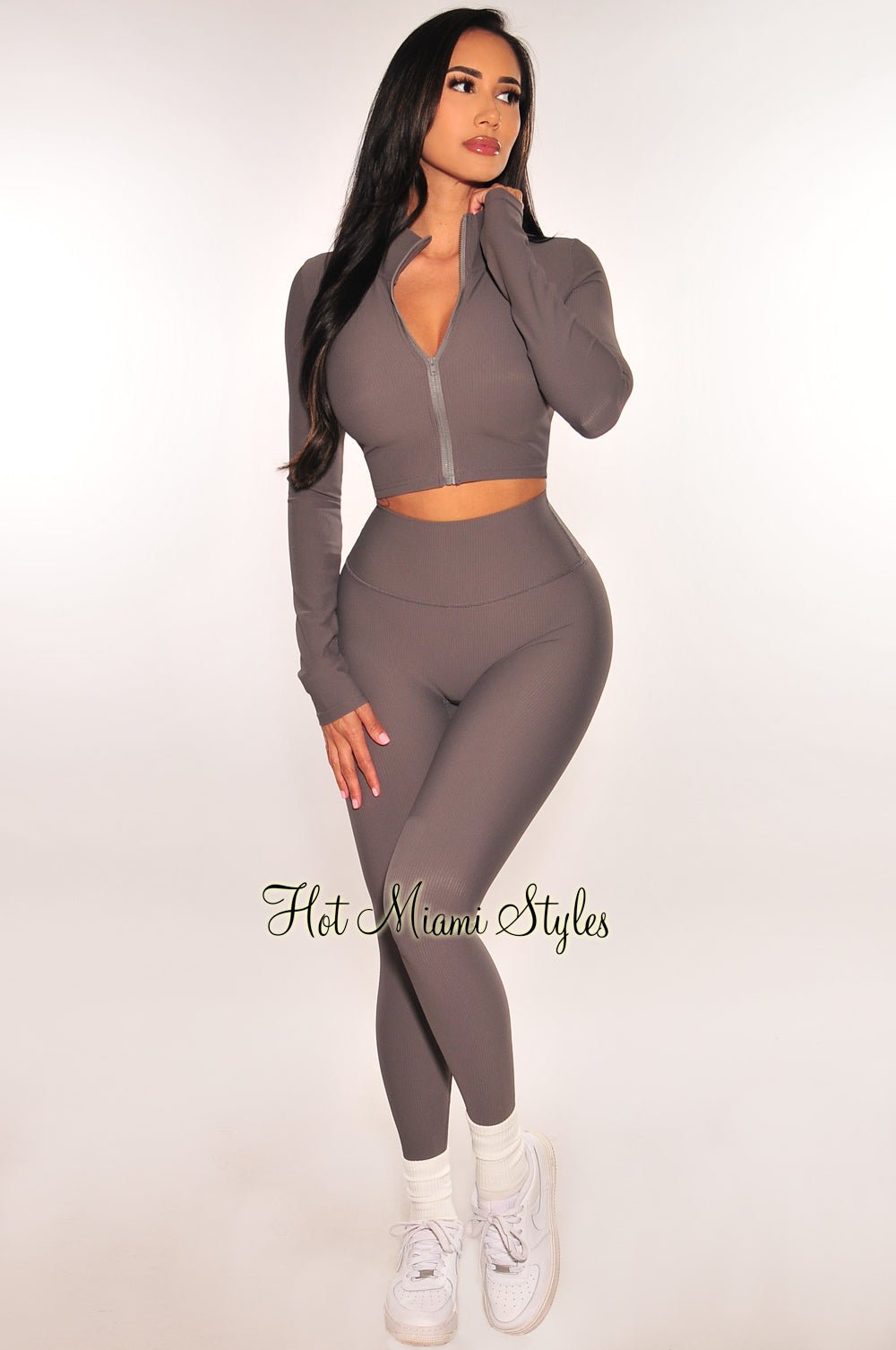 HMS Fit Dusty Gray Ribbed Zipper Long Sleeve Leggings Two Piece Set Hot Miami Styles