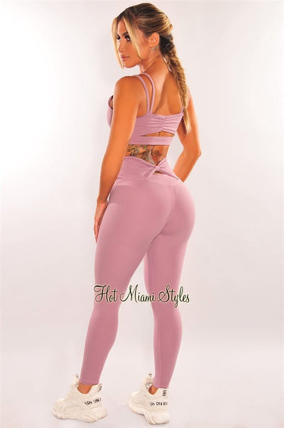 HMS Fit: Olive Padded Knotted High Waist Butt Lifting Leggings Two Piece Set