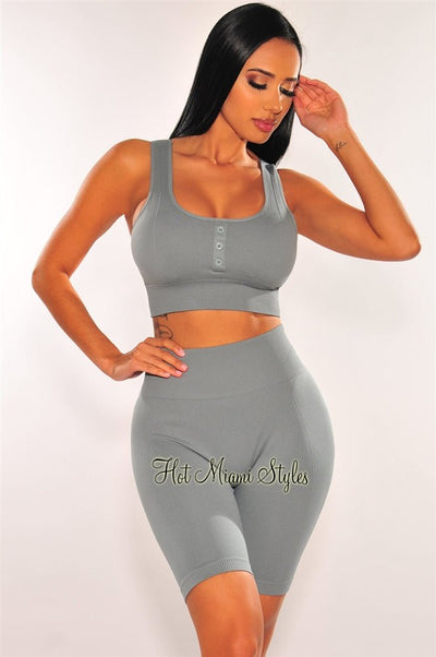 HMS Fit: Dusty Blue Seamless Padded High Waist Leggings Two Piece
