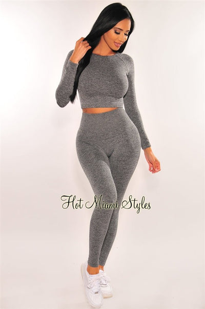 HMS Fit: Gray Marl Ribbed Seamless Long Sleeves Leggings Two Piece Set - Hot Miami Styles