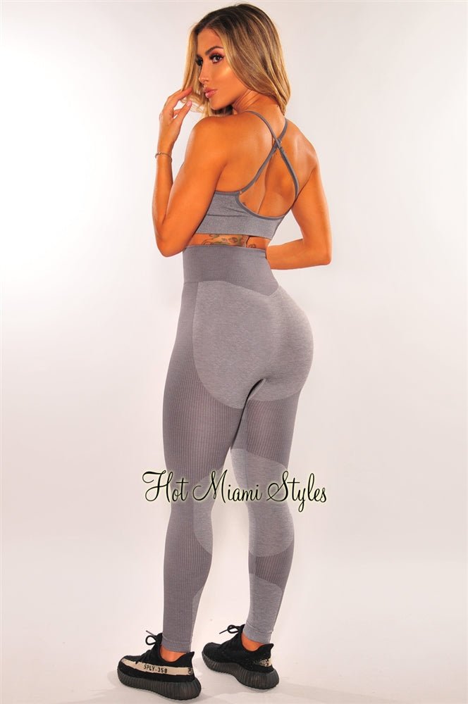 HMS Fit: Gray Seamless Marl Padded High Waist Butt Lifting Leggings Two  Piece Set - Hot Miami