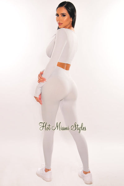 HMS Fit: Light Gray Marl Squared Neck Long Sleeve Leggings Two Piece Set - Hot Miami Styles