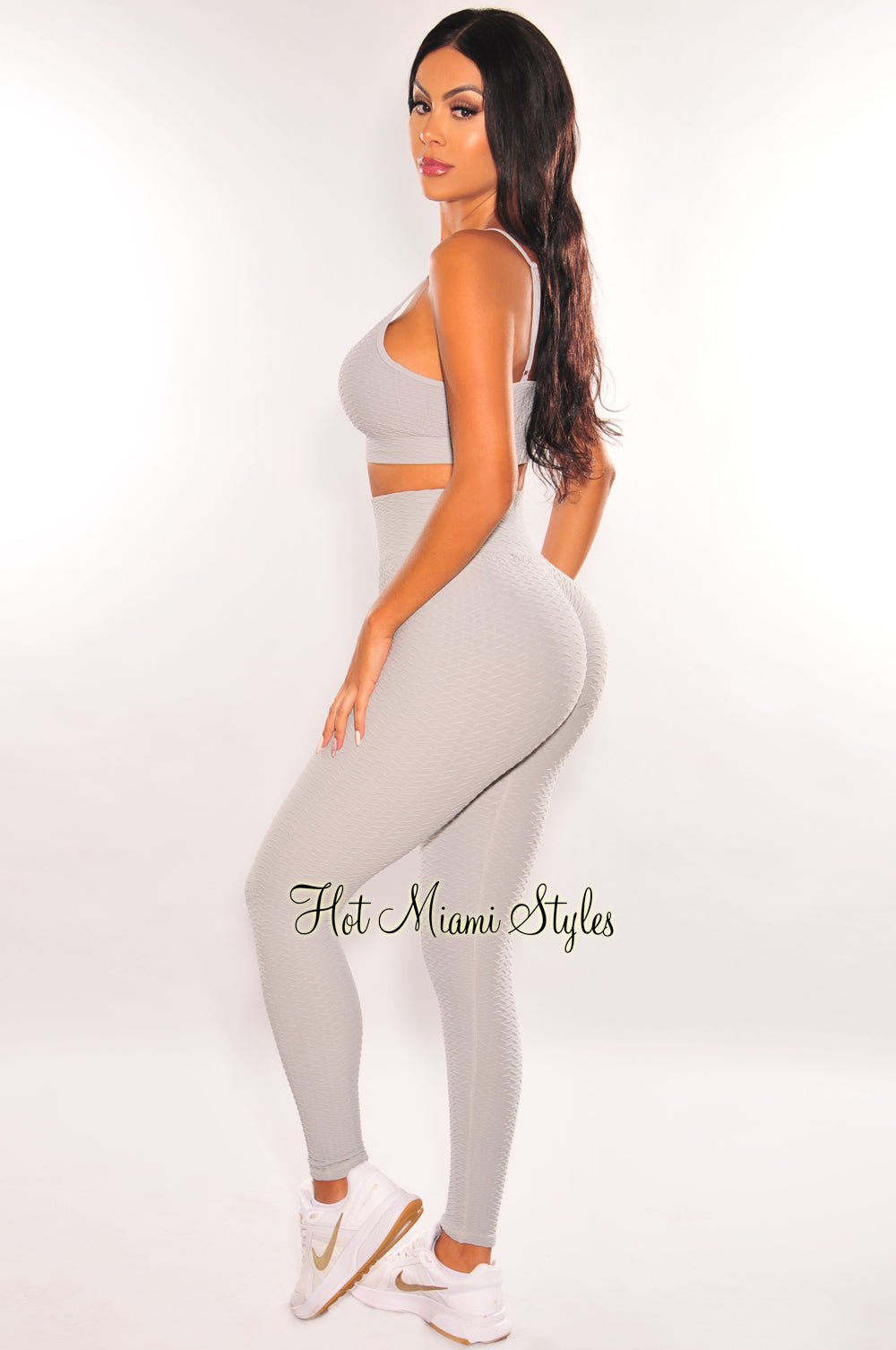 HMS Fit: Light Gray Textured Padded Butt Lifting Leggings Two Piece Set