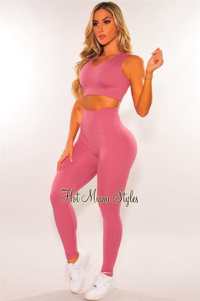 HMS Fit: Mauve Seamless Padded High Waist Leggings Two Piece Set - Hot Miami Styles