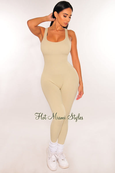 HMS Fit: Nude Seamless Ribbed Tank Padded Snatched Jumpsuit - Hot Miami Styles