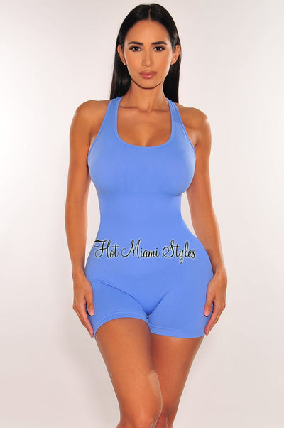 HMS Fit: Periwinkle Sleeveless Round Neck Snatched Romper - Hot Miami Styles