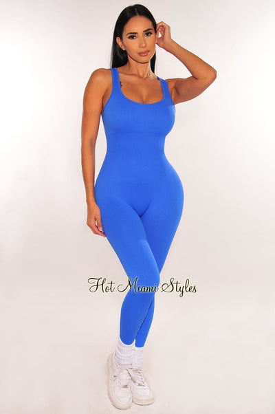 Royal Blue Rhinestone Mesh O-Ring Cut Out Sleeveless Jumpsuit – Hot Miami  Styles