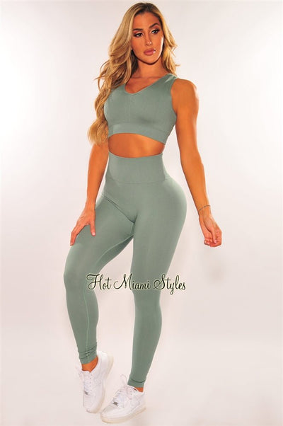 HMS Fit: Light Gray Textured Padded Butt Lifting Leggings Two Piece Set