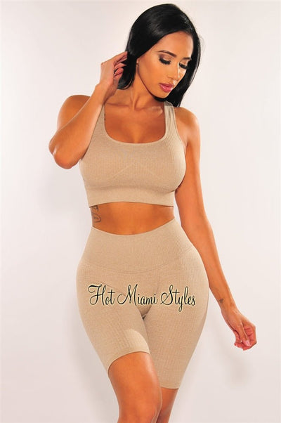 HMS Fit: Sand Ribbed Seamless Padded Butt Lifting Biker Shorts Two Piece Set - Hot Miami Styles
