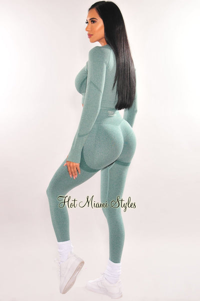HMS Fit: Sea Green Marl Seamless Butt Lifting Leggings Two Piece Set - Hot Miami Styles