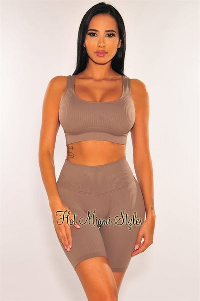 HMS Fit: Taupe Ribbed Seamless Padded Butt Lifting Biker Shorts Two Piece Set - Hot Miami Styles