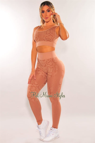 HMS Fit: Toffee Animal Print Seamless Padded Leggings Two Piece Set - Hot Miami Styles