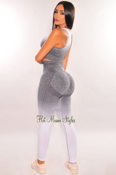 HMS Fit: White Gray Gradient Padded Racerback Butt Lifting Leggings Two Piece Set - Hot Miami Styles