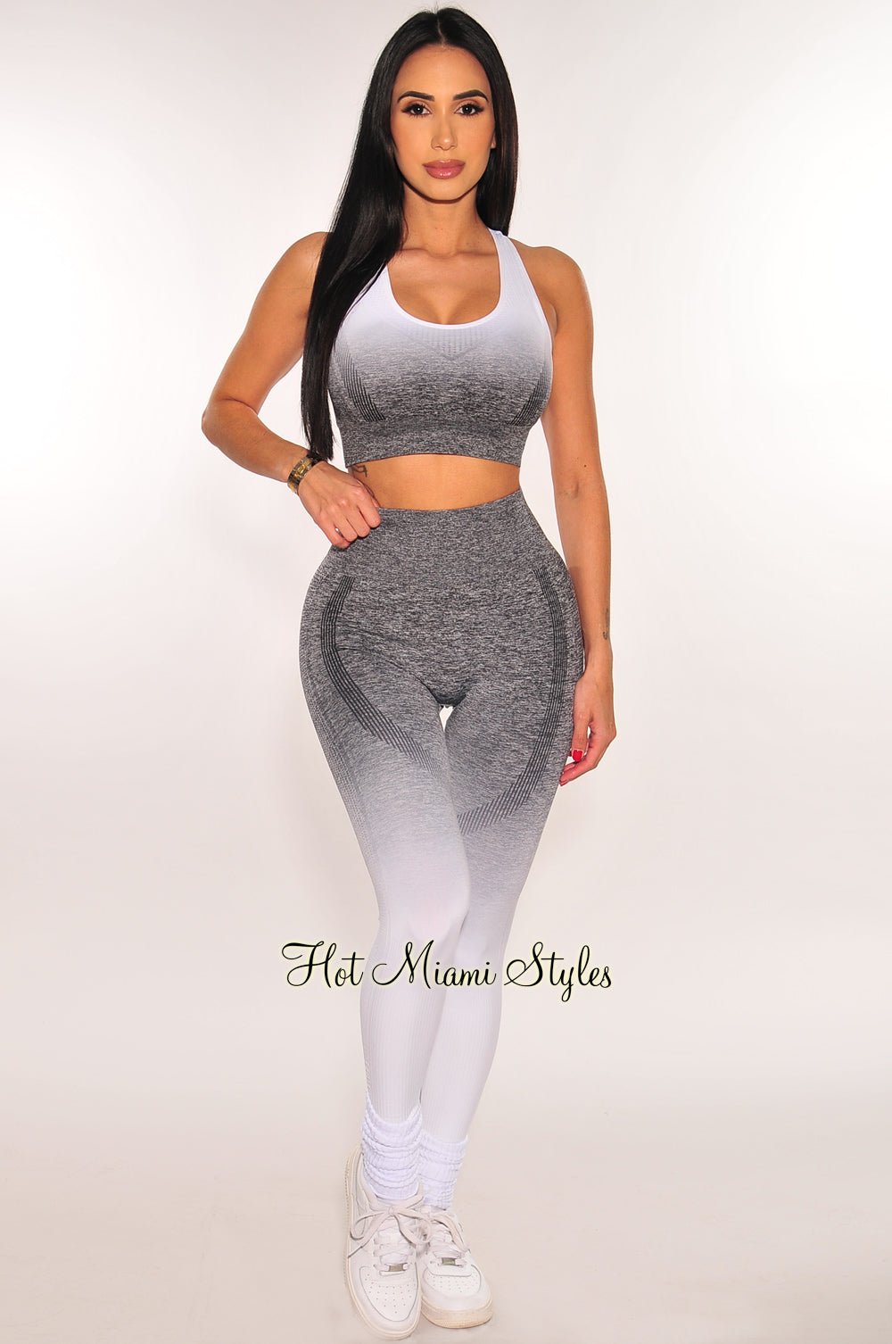 HMS Fit: White Gray Gradient Padded Racerback Leggings Two Piece