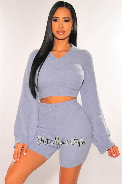 HMS Lounge: Baby Blue Fuzzy Bell Sleeves Biker Shorts Two Piece Set - Hot Miami Styles