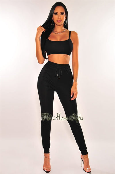 HMS Lounge: Black Elastic Straps Jogger Leggings Two Piece Set - Hot Miami Styles