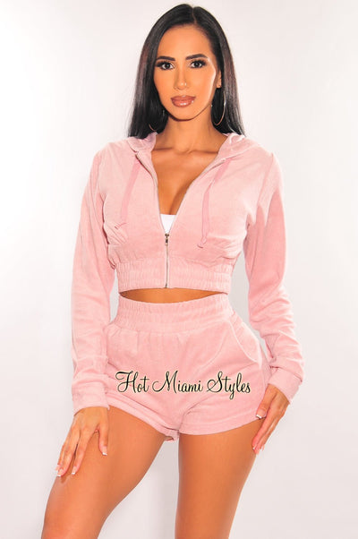 HMS LOUNGE: Blush Terry Cropped Hoodie Short Two Piece Set - Hot Miami Styles