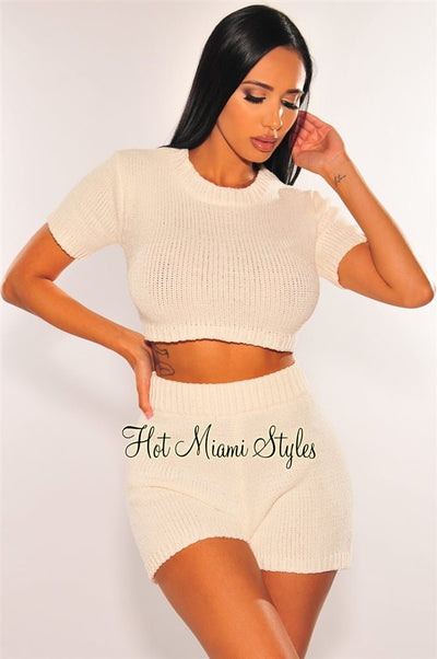 HMS Lounge: Cream Chenille Knit Short Sleeves Shorts Two Piece Set - Hot Miami Styles