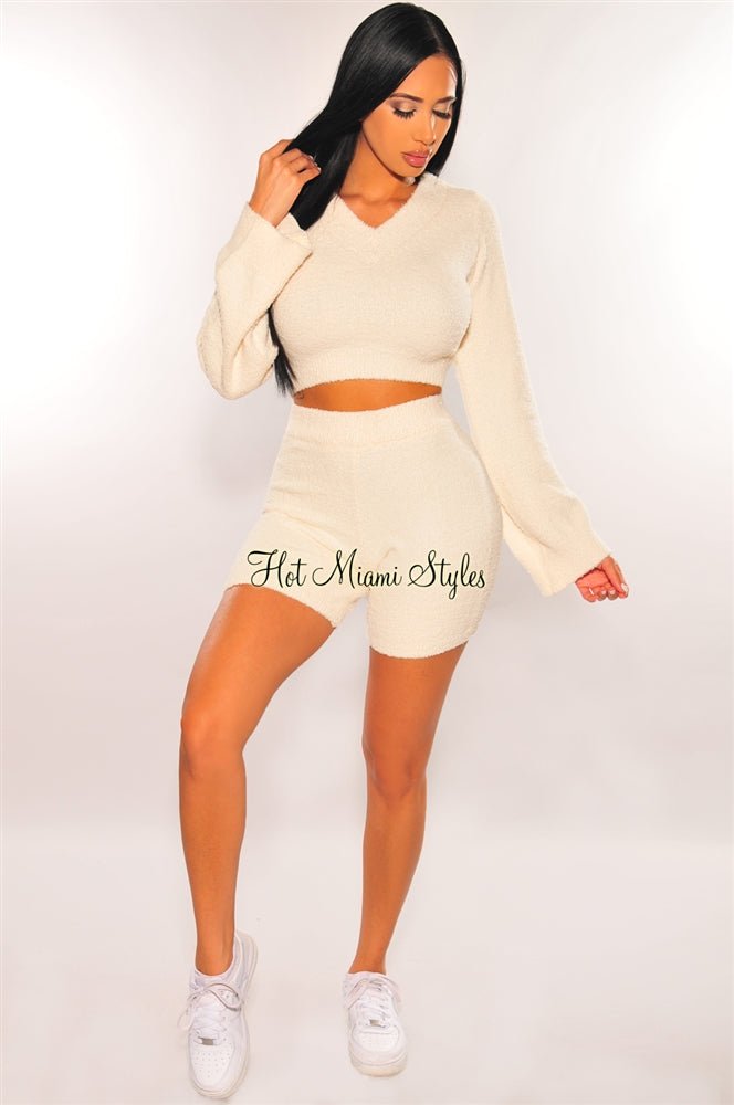 China HMS Lounge Cream Fuzzy Bell Sleeves Biker Shorts Two Piece Set Hot Miami Styles Medium