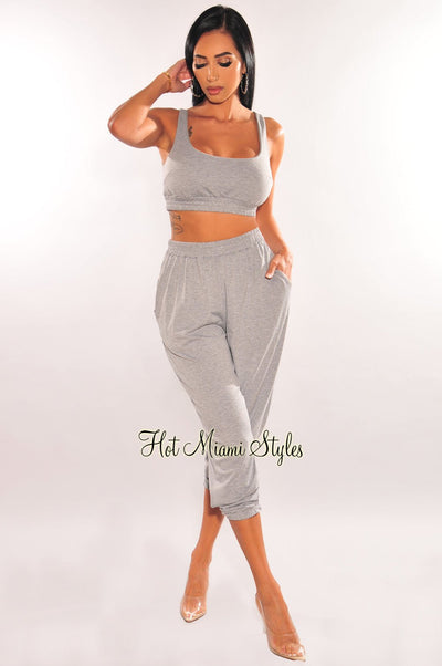 HMS Lounge: Heather Gray Cropped Tank Joggers Two Piece Set - Hot Miami Styles