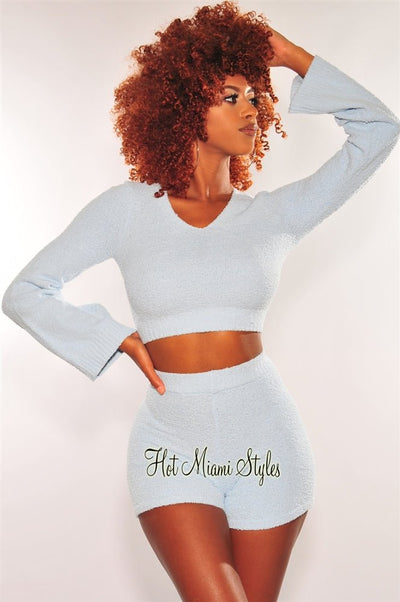 HMS Lounge: Iced Blue Fuzzy Bell Sleeves Biker Shorts Two Piece Set - Hot Miami Styles