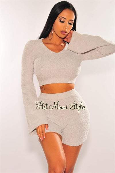 HMS Lounge: Light Gray Fuzzy Bell Sleeves Biker Shorts Two Piece Set - Hot Miami Styles