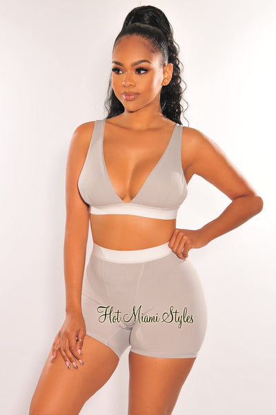 HMS Lounge: Light Gray White Ribbed Bralette Biker Shorts Two Piece Set - Hot Miami Styles