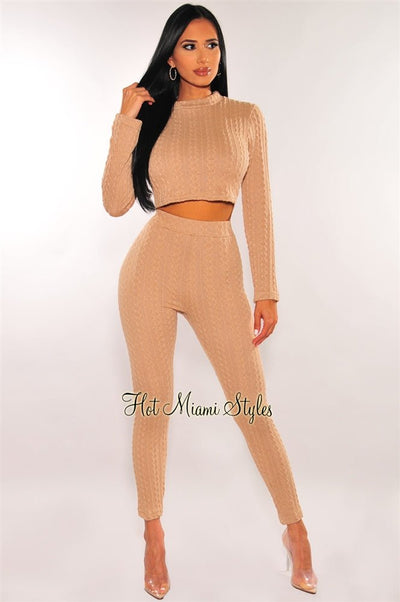HMS Lounge: Mocha Cable Knit Long Sleeve Pants Two Piece Set - Hot Miami Styles