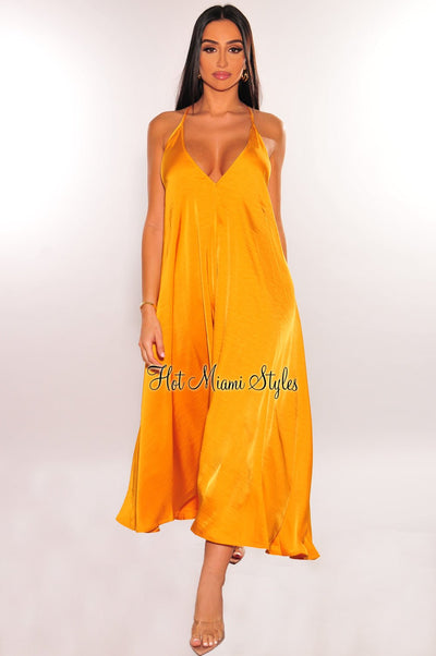 Honey Gold V Cut Spaghetti Straps Maxi Dress - Hot Miami Styles