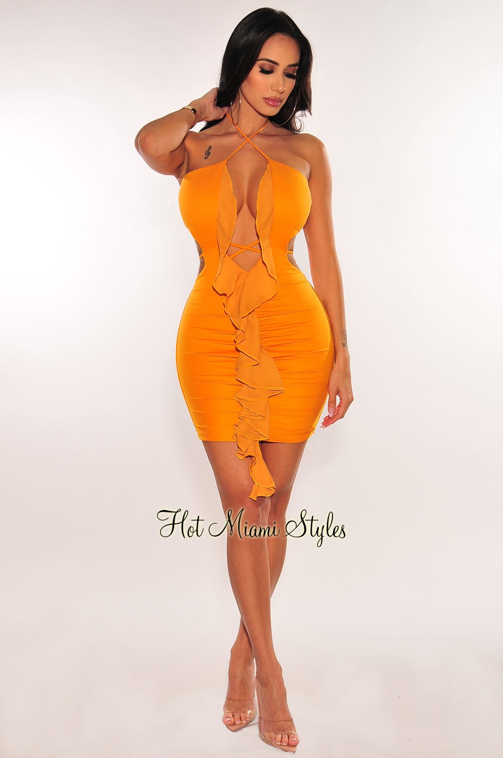 knee length dresses for ladies Isabel Halter Neck Ruffle Short Dress