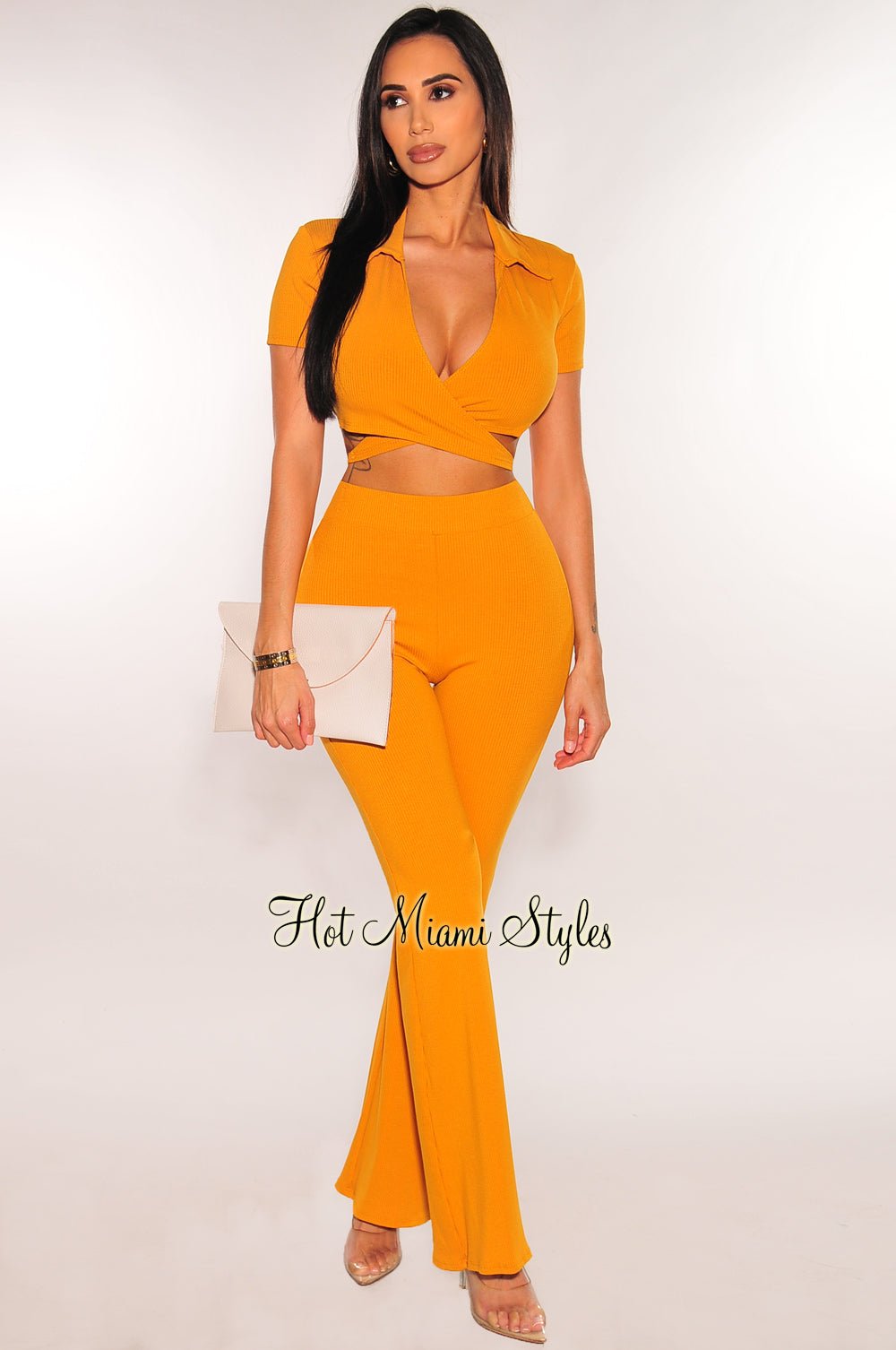 Honey Ribbed Collared Wrap Crop Top Palazzo Pants Two Piece Set