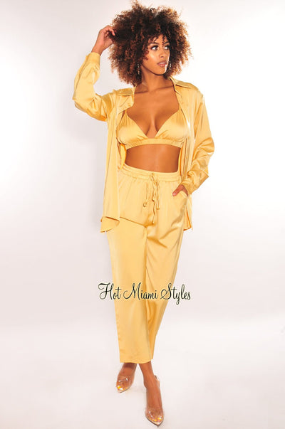 Honey Silky Bralette Collared Button Up Palazzo Pants Three Piece Set - Hot Miami Styles