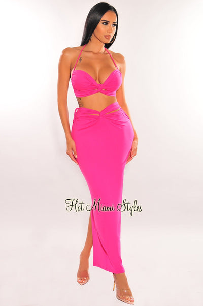Hot Pink Cut Out Knotted Midi Skirt Two Piece Set - Hot Miami Styles