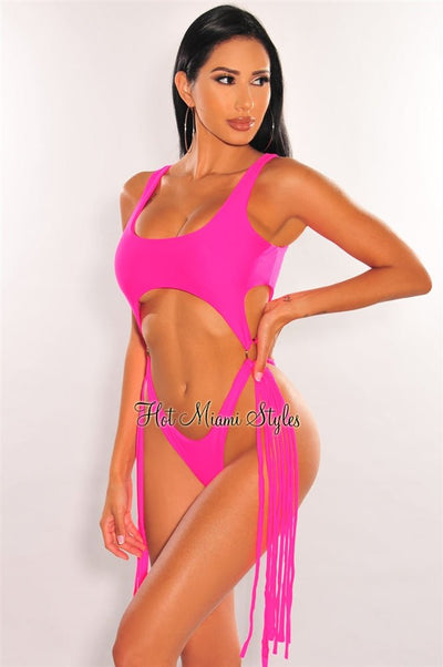 Hot Pink Cut Out O-Ring Fringe Ultra High Cut Thong Swimsuit - Hot Miami Styles