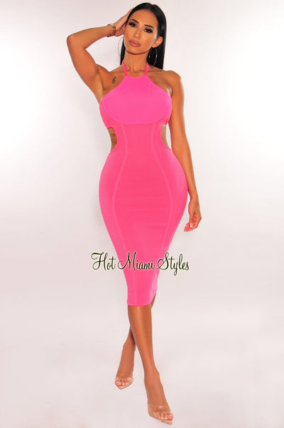 Hot Pink Halter Mesh Cut Out Bandage Dress - Hot Miami Styles