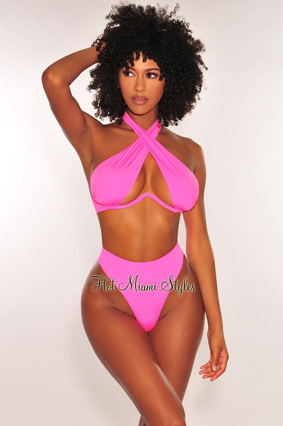 Hot Pink Halter Underwire CrissCross Tie Up Scrunch Butt Bikini - Hot Miami Styles
