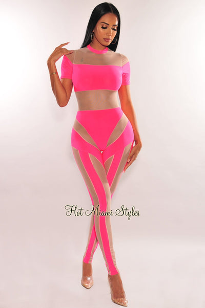 Hot Pink Mesh Illusion Mock Neck Short Sleeve Jumpsuit - Hot Miami Styles