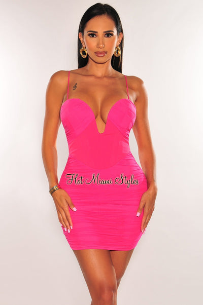 Hot Pink Mesh Spaghetti Strap Plunge V Wire Dress - Hot Miami Styles