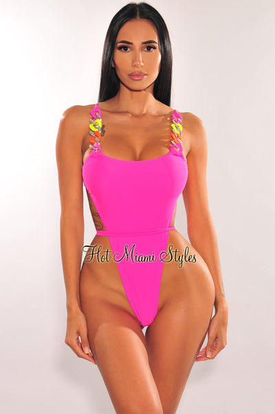 Hot Pink Multi Color Chain Ultra High Cut Swimsuit - Hot Miami Styles