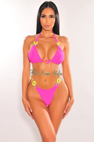 Hot Pink Neon Chain Halter Triangle Top Bikini Bottom - Hot Miami Styles