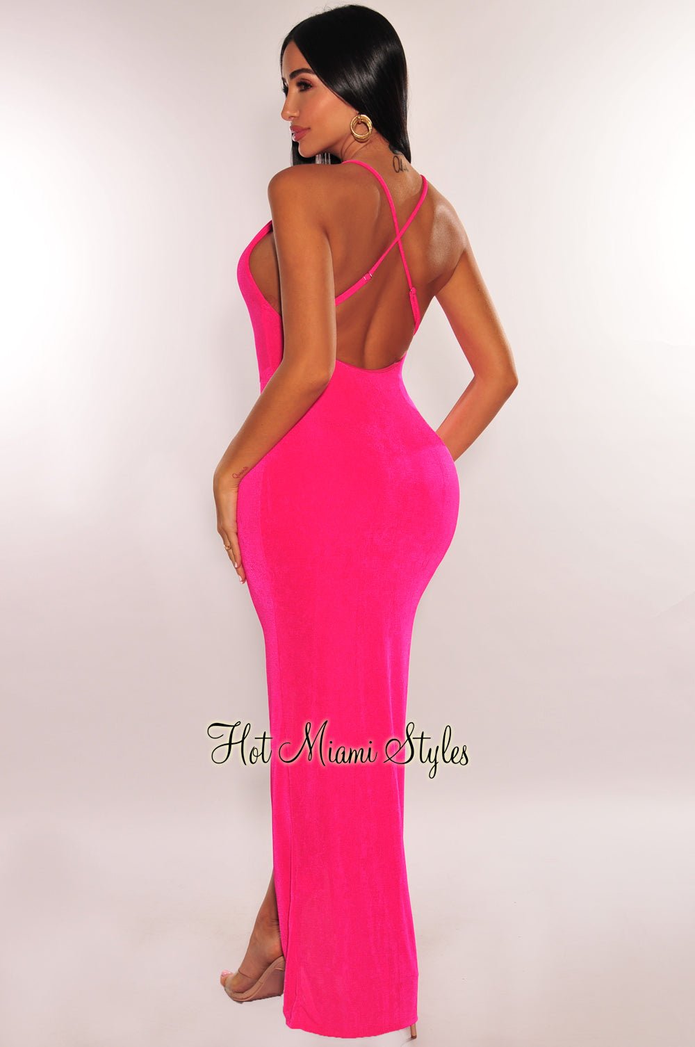 Hot Pink Plunge Knotted Criss Cross Back Slit Maxi Dress – Hot Miami Styles