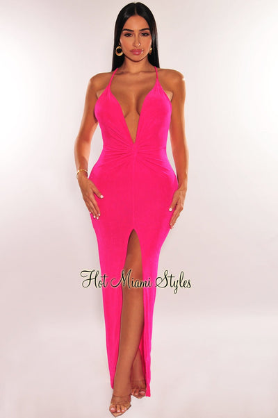 Hot Pink Plunge Knotted Criss Cross Back Slit Maxi Dress - Hot Miami Styles