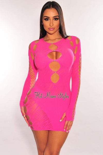 Hot Pink Rhinestone Cut Out Long Sleeve Seamless Dress - Hot Miami Styles