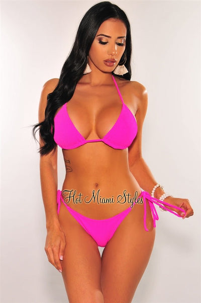 Hot Pink Ribbed Triangle Adjustable Thong Bikini - Hot Miami Styles